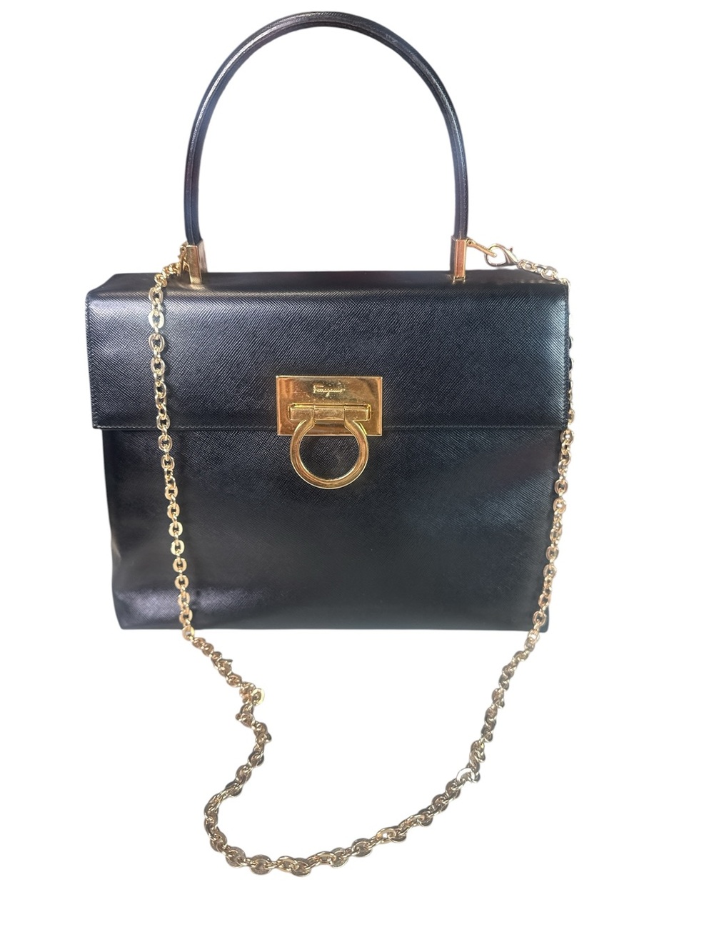 Salvatore Ferragamo Elegant Black Top-Handle Shoulder Bag with provided chain
